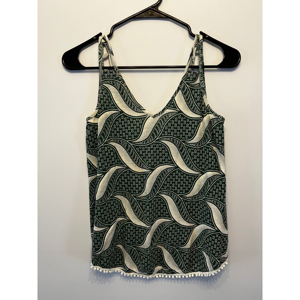 Chaser Green White Geometric Wave Print Pom Pom Trim Tank Top XS Cage Straps